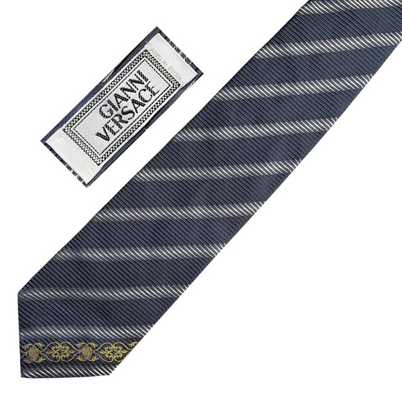 GIANNI VERSACE 90s Vintage Metallic Baroque Silk Stripe Tie Made in Italy - Picture 1 of 5